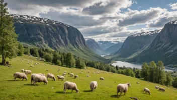 Et idyllisk landskap av et beiterområde i Norge, med husdyr som beiter i det fjerne.