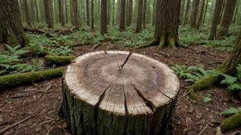 Et trestubbe med et synlig stubbmerke i midten av en skog