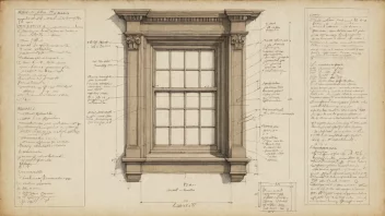 En detaljert tegning av et vindusramme med mål og notater.