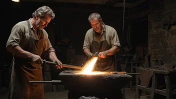 En smed arbeider i en smie, med et glødende metallstykke på ambolten og en hammer i hånden.