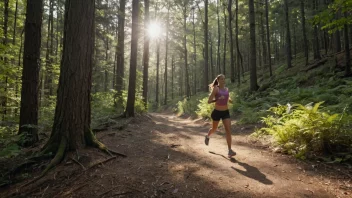 En person som jogger på en sti i en skog med en solfylt himmel