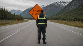 En person står foran en veisperring med et skilt som sier 'vei stengt' på norsk, noe som indikerer en reisehindring.