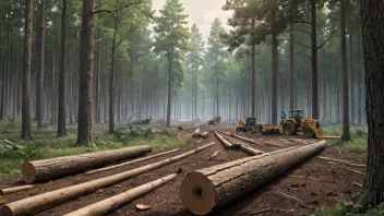 Et bilde av en skog med trær som blir hogd ned, med fokus på prosessen med hogging og avskoging.