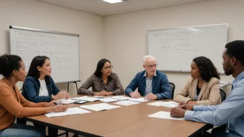 En gruppe mennesker fra ulike aldersgrupper og bakgrunner samlet rundt et bord, engasjert i en diskusjon, med en whiteboard eller presentasjonsskjerm i bakgrunnen som viser en misjonsuttalelse eller en plan for et samfunnsprosjekt.