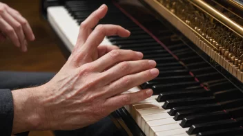 En persons hender med fingre som er stive og vanskelige å bevege, med et piano eller annet musikkinstrument i bakgrunnen.