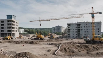 En byggeplass med en kran og en bygning i bakgrunnen.