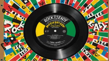 En illustrasjon av en vinylplate med et Rocksteady-merke, omgitt av musikalske noter og jamaicanske flagg.