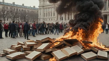 Et bilde som viser bokforbrenning, en handling der bøker blir brent som en form for sensur eller protest.