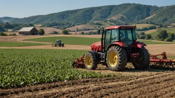 En bonde som arbeider i et felt med en traktor og landbruksutstyr.