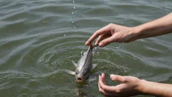 En person som prøver å fange en sleip fisk med bare hendene, med en bakgrunn av vann og fisk som svømmer vekk.