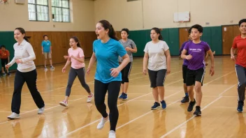 En levende og fargerik illustrasjon av en gymnastikkdag på en skole, hvor mennesker i alle aldre deltar i forskjellige idretter og leker.