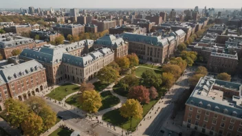 En by med et universitetsområde, med en blanding av moderne og tradisjonelle bygninger, og studenter som går rundt.