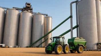 En kornsilo med en transportbånd og en traktor i bakgrunnen