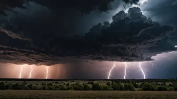 Et dramatisk landskap med mørke cumulonimbus-skyer og lyn som opplyser himmelen.