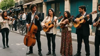 En gruppe musikere som spiller manouchemusikk i en parisisk gate.