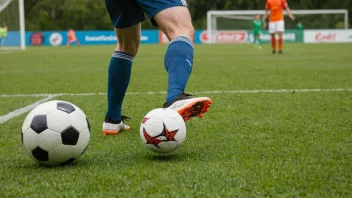 En fotballspiller som sparker ballen, med en grønn bane og et mål i bakgrunnen.