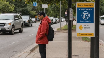 En person som venter på et byttepunkt og ser på en bussrute