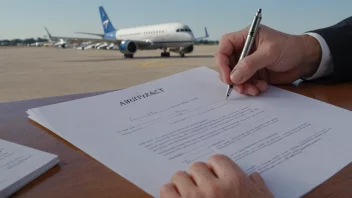 En person som signerer en kontrakt med et fly i bakgrunnen