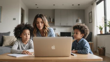 En kvinne som sitter ved et skrivebord med en laptop og papirer, med barna som leker i bakgrunnen