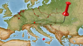 Et kart over Sentral-Europa med en rød nål som markerer en bestemt lokasjon, symboliserer begrepet midteuropeisk.