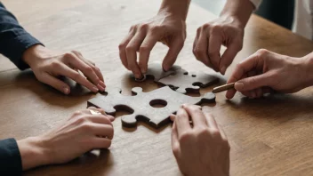 Et lag mennesker som jobber sammen, med et puslespillbrikke på plass, som symboliserer fordelen med teamwork.