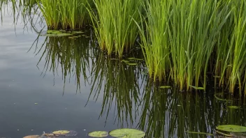 Et bilde av en dam med vanngress som vokser i den.