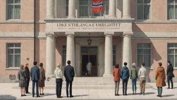 Et bilde av en offentlig bygning med en skilt som leser 'Likestillingsmyndighet' på norsk, som representerer en offentlig etat som har ansvar for å fremme likestilling mellom kvinner og menn.