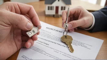 En person som holder en husnøkkel med en pantekontrakt i bakgrunnen, som symboliserer en pantelån på et hus