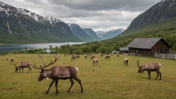 Ein reinsdyrfarm i Norge med reinsdyr som beiter i ei grøn eng.