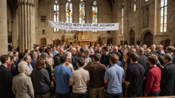 En kirke med et misjonsuke-banner, mennesker samlet rundt, smiler og chatter