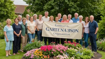 En gruppe mennesker i en hage, omgitt av blomster og planter, med et banner eller skilt som leser 'Gartnerorganisasjon'