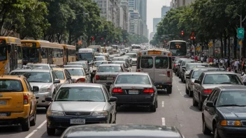 En trafikkblokk i en by med biler og busser som sitter fast i trafikken