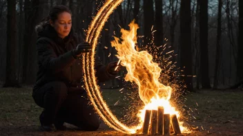 En person som lager en ildskulptur, med flammer og gnister som flyr rundt dem.