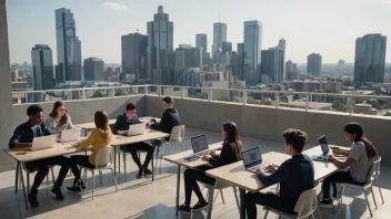 En gruppe studenter som jobber sammen på en moderne skole, med fokus på entreprenørskap og ledelse.