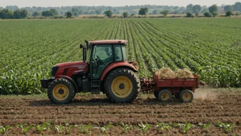 En person som arbeider på en åker med en traktor og avlinger i bakgrunnen, som representerer agrararbeid