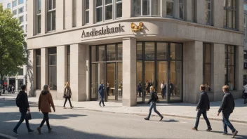 Et bilde av en bygning med en skilt som leser 'Andelsbank' på norsk, med mennesker som går inn og ut av bygningen.