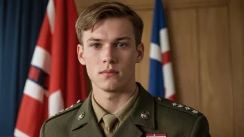 En ung mann i militær uniform, med et alvorlig uttrykk, stående foran et norsk flagg.