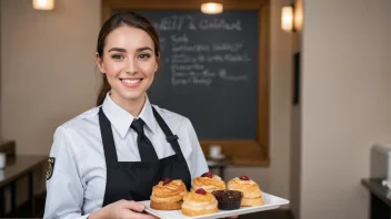 En serviceinnrettet person i uniform, som holder en bakke med en kopp kaffe og et bakverk.