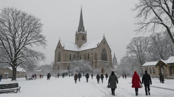 En fredelig vinter scene med en kirke i bakgrunnen og mennesker som nyter den festlige atmosfæren.