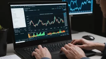 En person som analyserer data på en dataskjerm med en graf som viser markedstendenser i bakgrunnen.