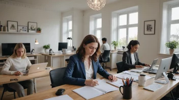 En person som sitter ved et skrivebord med en laptop og papirer, ser fokusert og bestemt ut, mens en familie er synlig i bakgrunnen, noe som understreker viktigheten av inntektsforsørgerens rolle.