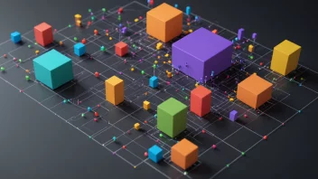 En 3D-visualisering av et komplekst datasett, med ulike objekter og farger som representerer ulike datapunkter.