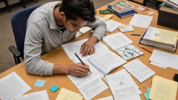 En student som sitter ved et skrivebord, omgitt av bøker og papirer, arbeider på en temaoppgave.