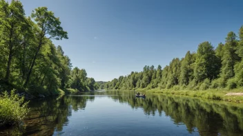 En fredelig scene av en norsk elv med fiskere i bakgrunnen.