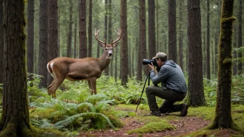 En person som holder et kamera, tar et bilde av en hjort i en skog.