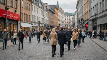 En travel gate i Oslo med mennesker som går og handler, med en blanding av gamle og nye bygninger i bakgrunnen.