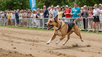 En hund som løper i et utstillingsløp, med en folkemengde som ser på i bakgrunnen.