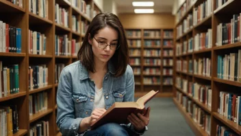 En person som leser en bok på biblioteket, med en tankefull uttrykk.