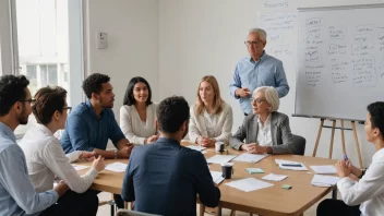 En gruppe mennesker fra ulike bakgrunner og aldersgrupper samlet rundt et bord, engasjert i en diskusjon, med en whiteboard eller flipchart i bakgrunnen med notater og ideer skrevet på den.