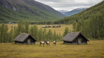 Et malerisk landskap av Samiland med tradisjonelle samiske hus og reinsdyr i bakgrunnen